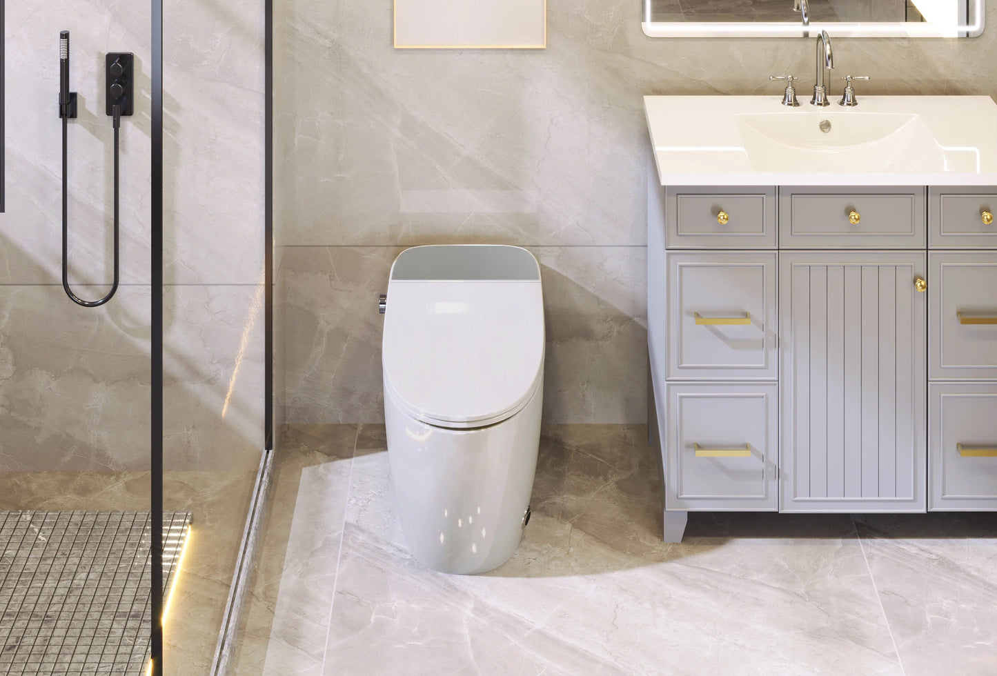 Heated Seat Smart Toilet, One Piece Toilet, Automatic Flush Tank Less Toilet without Bidet, with Foot sensor Flush