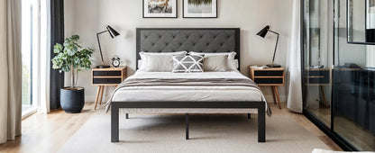 Metal Bed Frame with Upholstered Finely Stitched Headboard, Linen Fabric, Sturdy Foundation, No Box Spring Needed