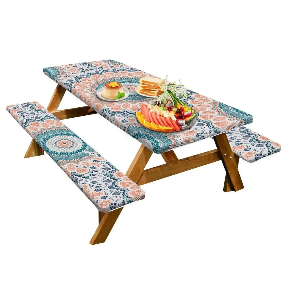 3pcs Picnic Table Covers With Elastic Tablecloth For Outdoor Parties And Camping