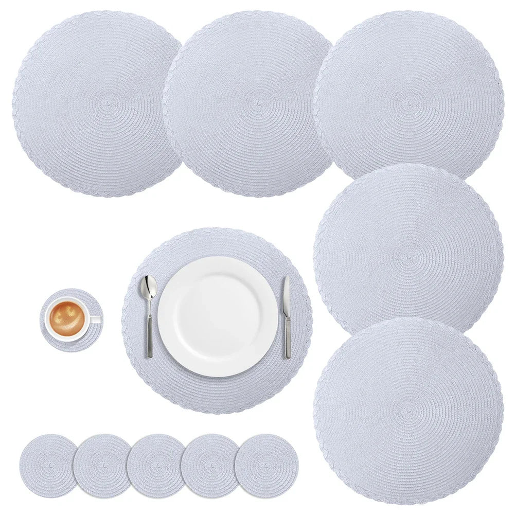 Round Braided Set of 6 Washable Round Placemats for Christmas Kitchen Wedding Dining Table 34cm Woven Heat Resistant Place Mats