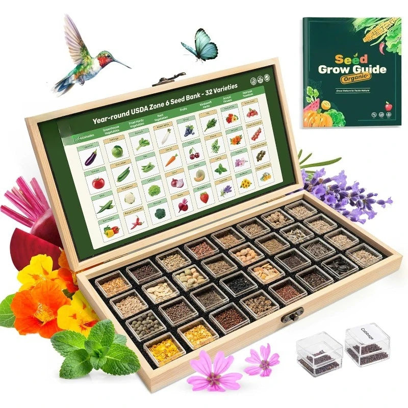 Year-Round USDA Zone 6 Seed Bank, 32 Varieties Non-GMO Heirloom Seeds of Vegetables, Herbs, Gardening Gifts for Women M