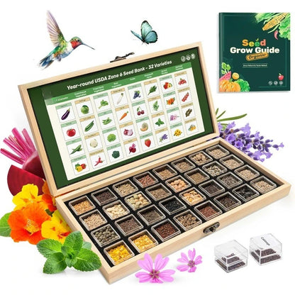 Year-Round USDA Zone 6 Seed Bank, 32 Varieties Non-GMO Heirloom Seeds of Vegetables, Herbs, Gardening Gifts for Women M