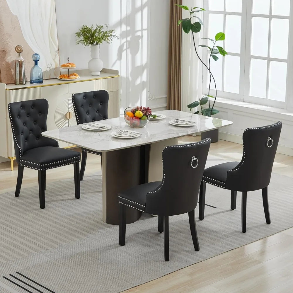 PU Leather Dining Chairs Set of 4 – Tufted Upholstered Seats, Solid Wood Legs & Pull Ring | Ideal for Dining Rooms