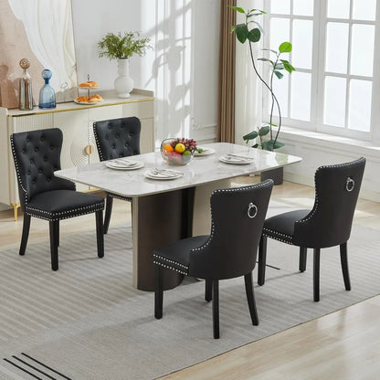 PU Leather Dining Chairs Set of 4 – Tufted Upholstered Seats, Solid Wood Legs & Pull Ring | Ideal for Dining Rooms