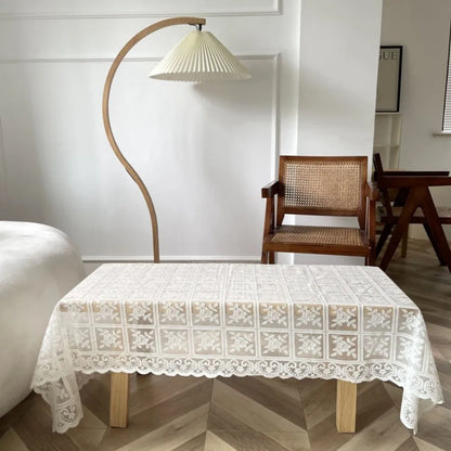 Nordic White Lace Hollow Tablecloth Vintage Rose Flower Pattern