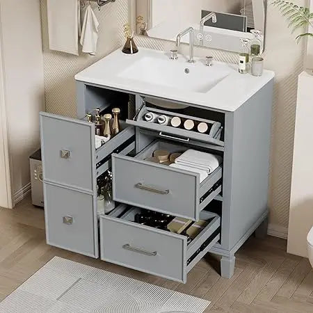 30 inch Bathroom Vanity with Sink, Freestanding Bathroom Vanity Cabinet with Double-Layer Pull Out Drawer
