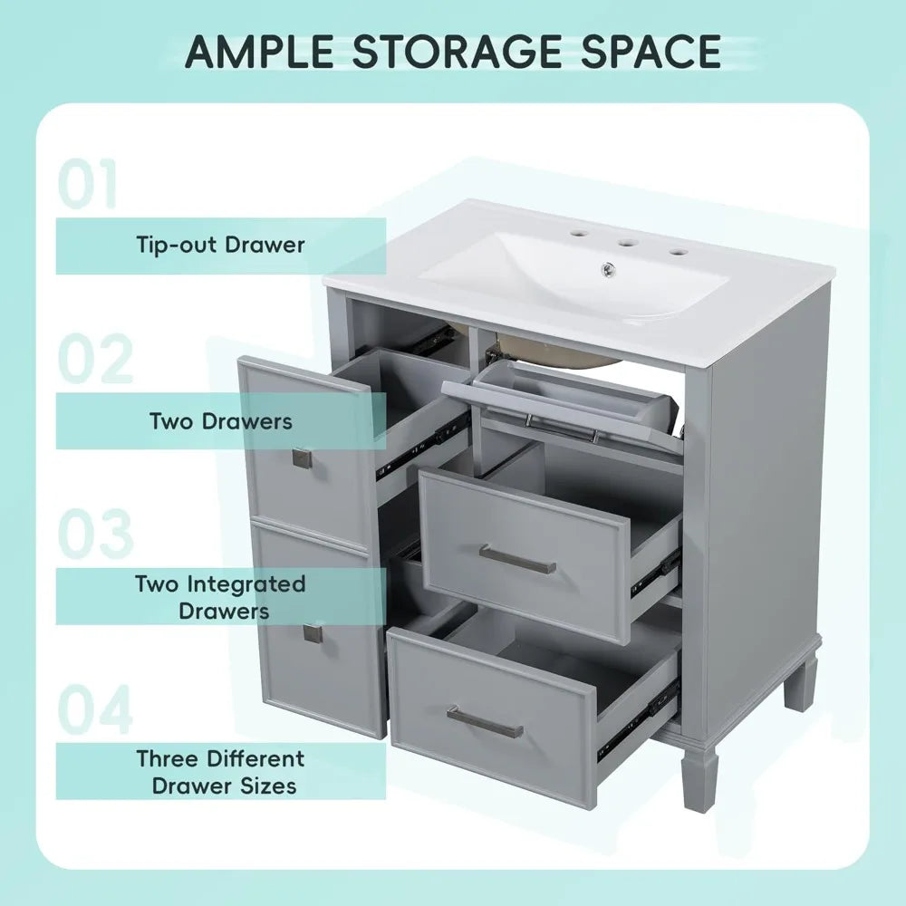 30 inch Bathroom Vanity with Sink, Freestanding Bathroom Vanity Cabinet with Double-Layer Pull Out Drawer
