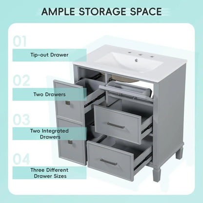 30 inch Bathroom Vanity with Sink, Freestanding Bathroom Vanity Cabinet with Double-Layer Pull Out Drawer