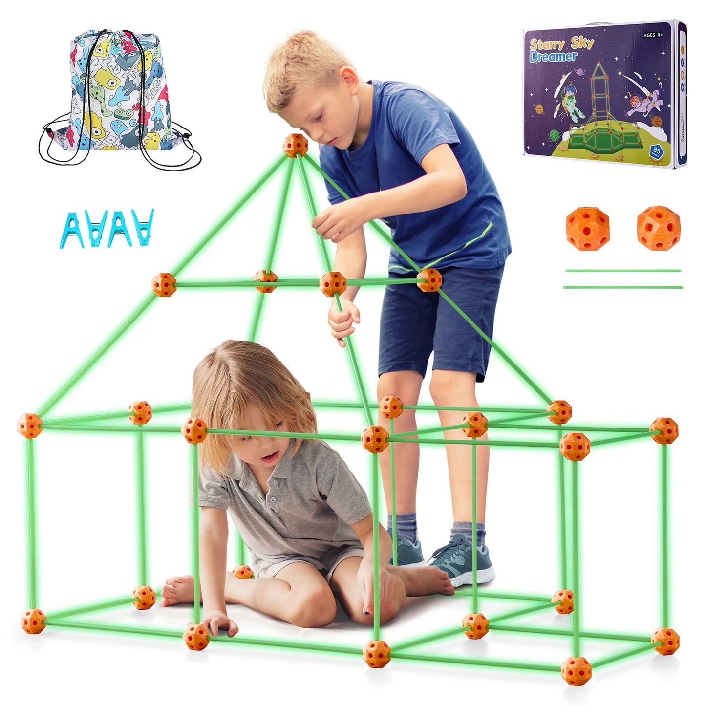 Fort Building Kit Construction Castle Tunnels Toys with 55 Rods 30 Balls Indoor Play Tent for Educational Gift Blocks