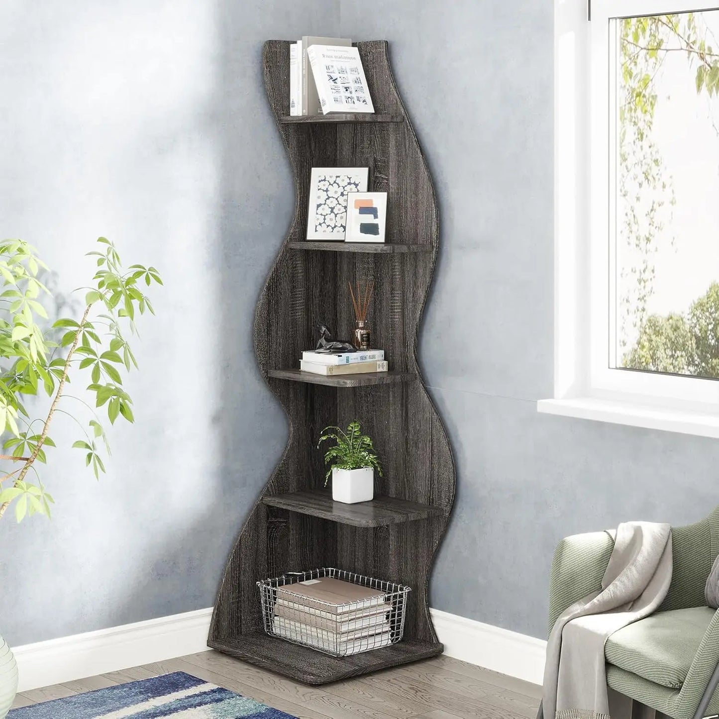Modern 5-Tier Corner Bookshelf, Stylish Corner Bookcase Storage Rack Plant Stand with Unique Shape for Living Room, Home Office