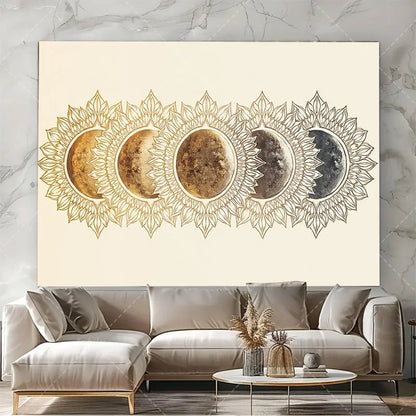 1pc Wall Tapestry  Moon Phase Tapestry - Gold Floral Mandala Wall Hanging