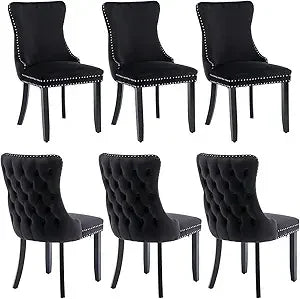 Velvet Upholstered Dining Chairs Set of 4 Wingback Kitchen Room Black Accent Chairs 4PC Solid Wood Leg