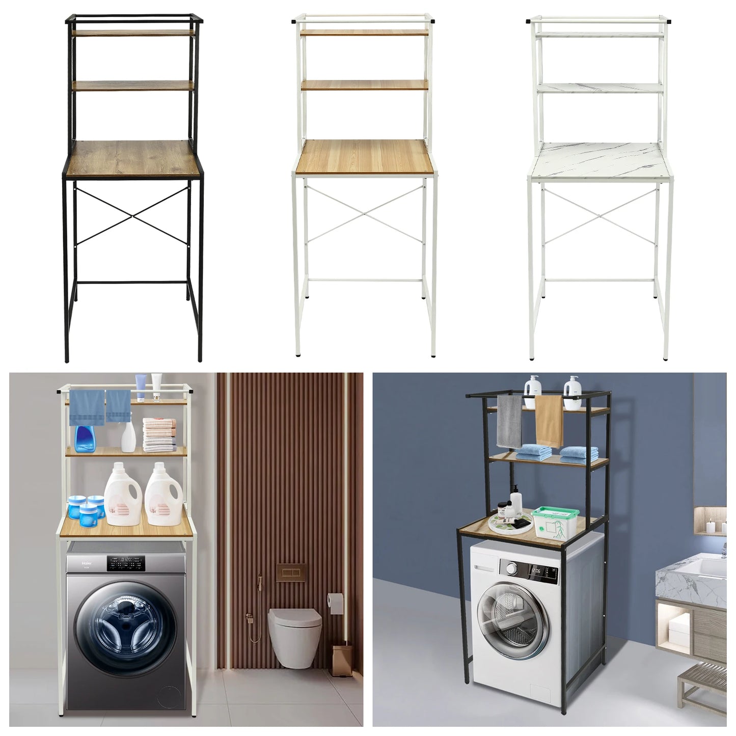 Over Washer and Dryer Storage Shelves 3 Tiers Standing Clothes Drying Rack with Basket for Laundry Room Balconies Porches