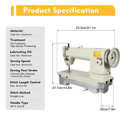 3000 Stitch/Min Industrial Sewing Machine Heavy Duty Cast Iron, 5.5 to 13mm Stitch for Thick Fabrics