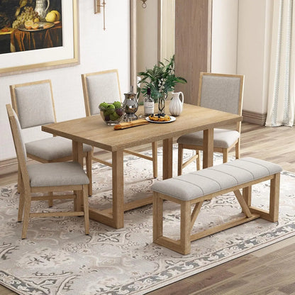 6-Piece Retro Dining Set for 6 Dining Table Set with 4 Upholstered Chairs & 1 Bench Rectangular Table Set with Designed Trestle