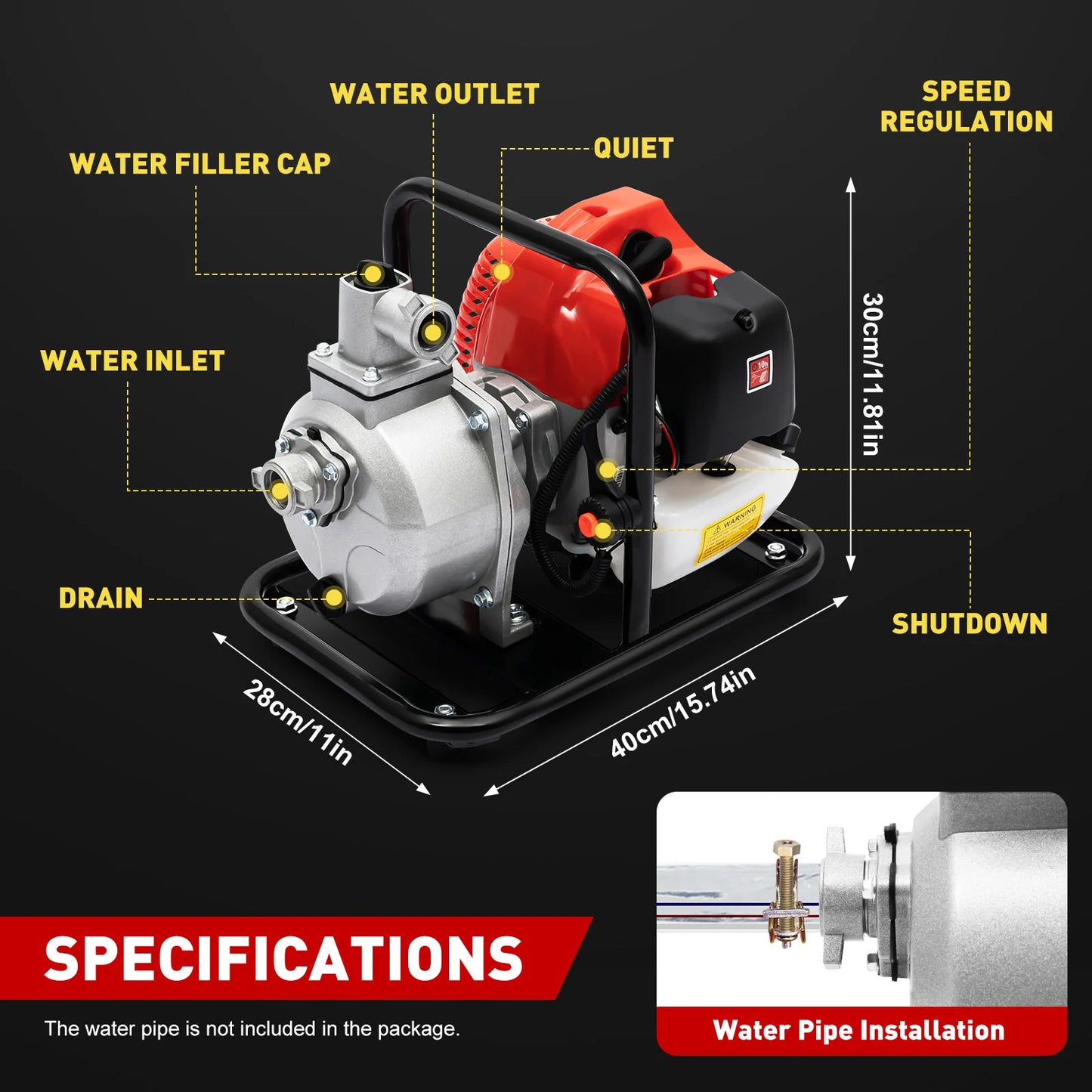 Gasoline Water Pump 2-Stroke Portable Gasoline Engine Trash Pump 20m Lift Powerful Engine Water Transfer Pump 26.25ft Suction