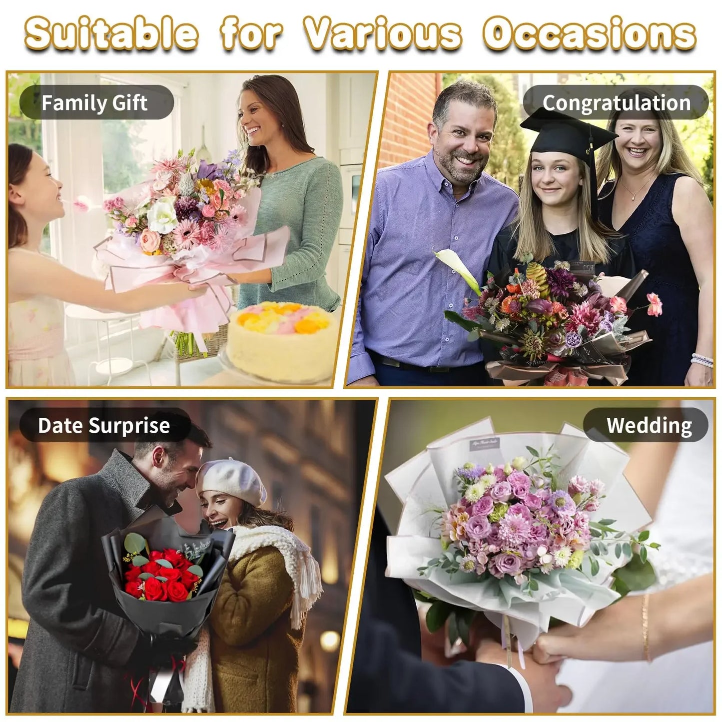 20 Sheets Black Flower Wrapping Paper with Golden Edges, Korean Florist Bouquet Supplies, Waterproof Packaging, Great for DIY Cr