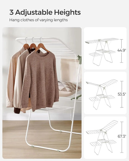 Clothes Drying Rack Foldable 2-Level Laundry Drying Rack Free-Standing Large Drying Rack with Height-Adjustable Wings