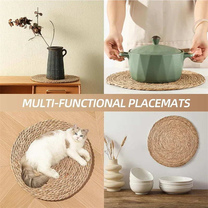 4/8/12pcs Round Woven Placemats Set Boho Rattan Placemat Natural Placemats 12Inch Farmhouse Weave Straw Braided Table Dinner Mat