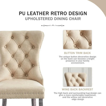Leather Dining Chairs Set of 6, Upholstered Dining Room Chair with Nail head Trim and Solid Wood Legs, Luxury Wingback