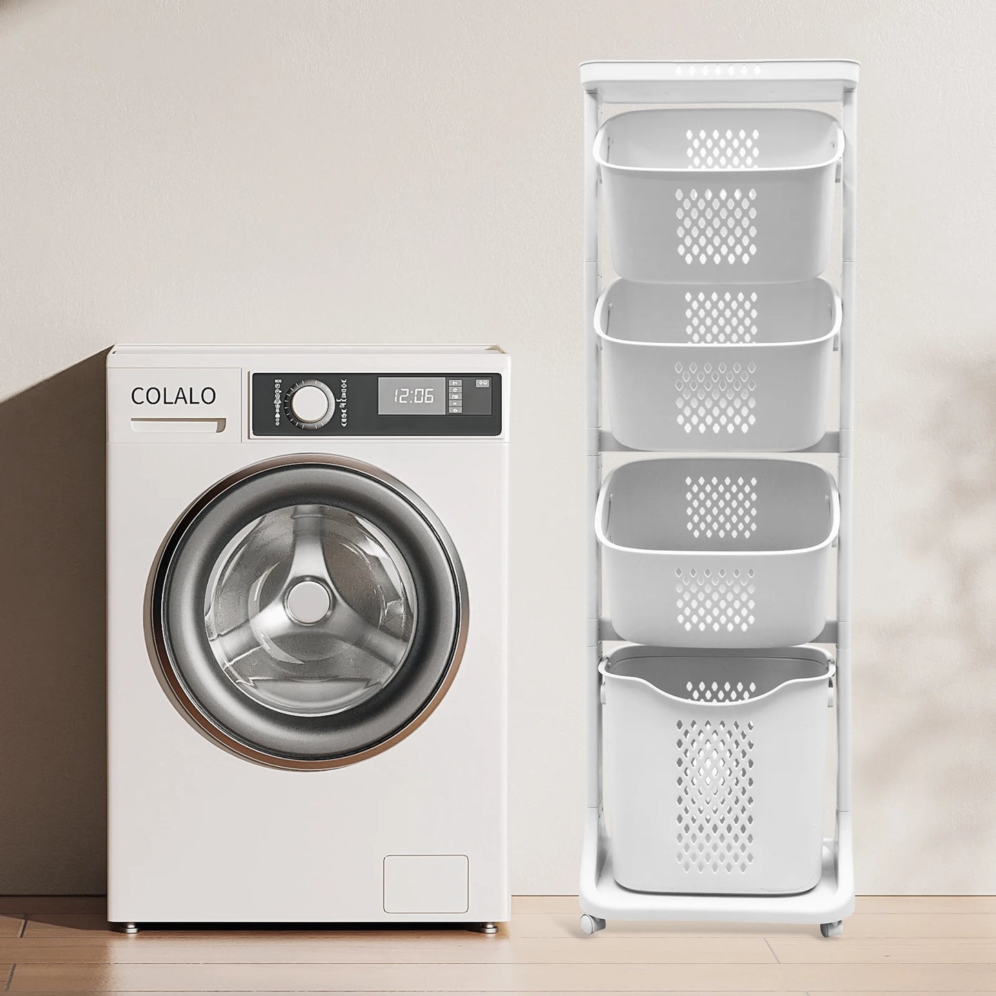 2/4 Tier Laundry Basket Cart Removable Storage Buckets Plastic Hamper with 4 Wheels White