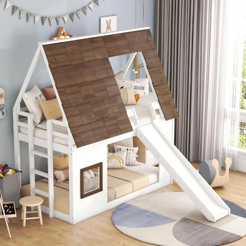 Twin Over Twin House Bunk Bed Frame with Roof ,Window ,Ladder and Slide for Boys Girls, White & Brown