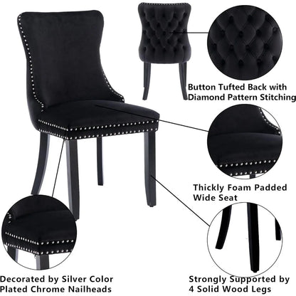 Velvet Upholstered Dining Chairs Set of 4 Wingback Kitchen Room Black Accent Chairs 4PC Solid Wood Leg