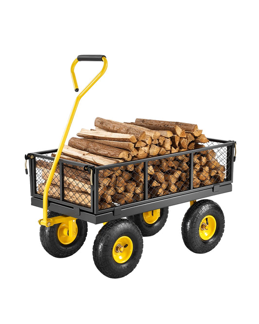 Steel Garden Cart  on Wheels Metal Yard Wagon Cart W/ All Terrain Tires Mesh Removable Sides and Rotating Handle