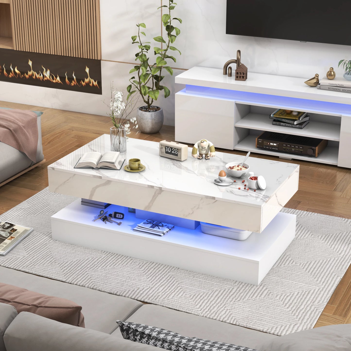Modern Stylish Coffee Table with LED lights, Double-Layer Design for Living Room Coffee Table with 2 Storage Drawers