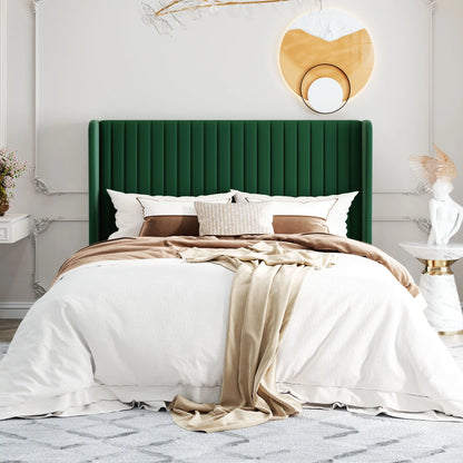 Velvet Upholstered Bed Frame, Vertical Channel Tufted Wingback Headboard, Wooden Slats