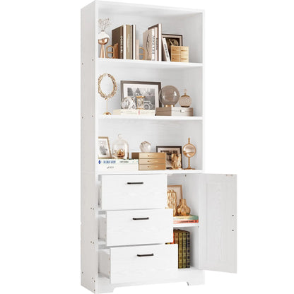Bookshelf with Door and 3 Drawers, Tall Bookcase Shelf with 3-Tier Shelves