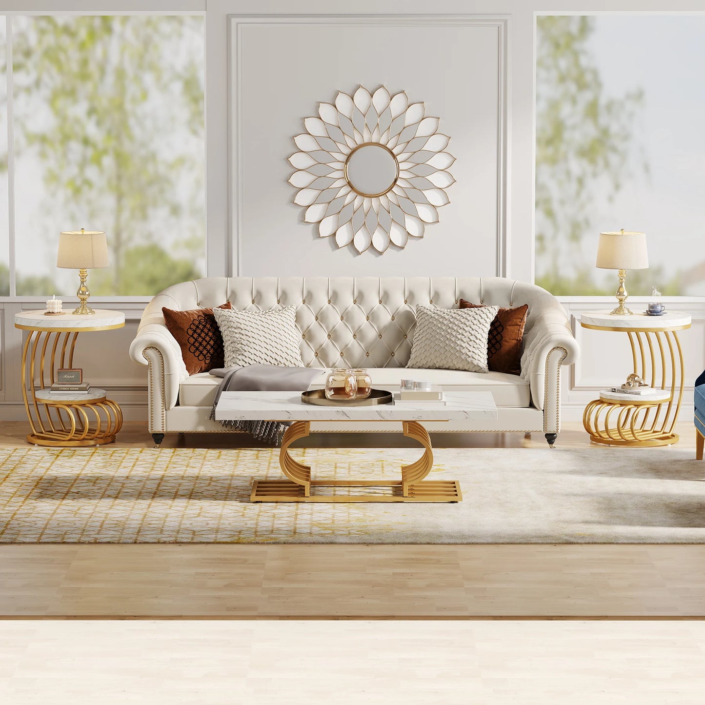 Gold Round End Table: 2 Tiers Faux Marble Side Table with Storage Shelf, Modern White Gold Bedside Nightstand