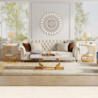 Gold Round End Table: 2 Tiers Faux Marble Side Table with Storage Shelf, Modern White Gold Bedside Nightstand