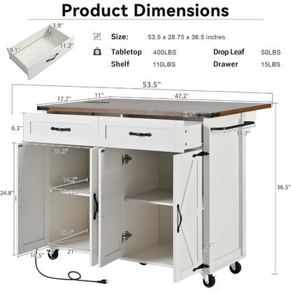 Farmhouse Rolling Kitchen Island with Power Outlet, Drop Leaf Breakfast Bar, Wooden Mobile Storage Island Cart on Wheels