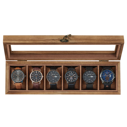Watch Box, 6-Slot Watch Case, Solid Wood Watch Box Organizer with Glass Lid, Watch Display Case with Removable Pillows