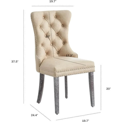 Leather Dining Chairs Set of 6, Upholstered Dining Room Chair with Nail head Trim and Solid Wood Legs, Luxury Wingback