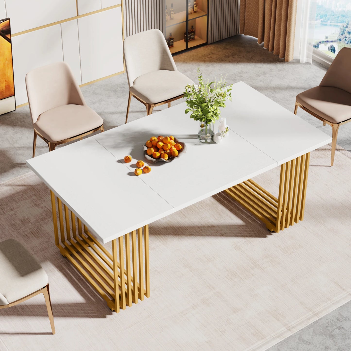 63-Inch Rectangular Dining Table for 4 to 6, Modern Kitchen Table with Faux Marble Table Top