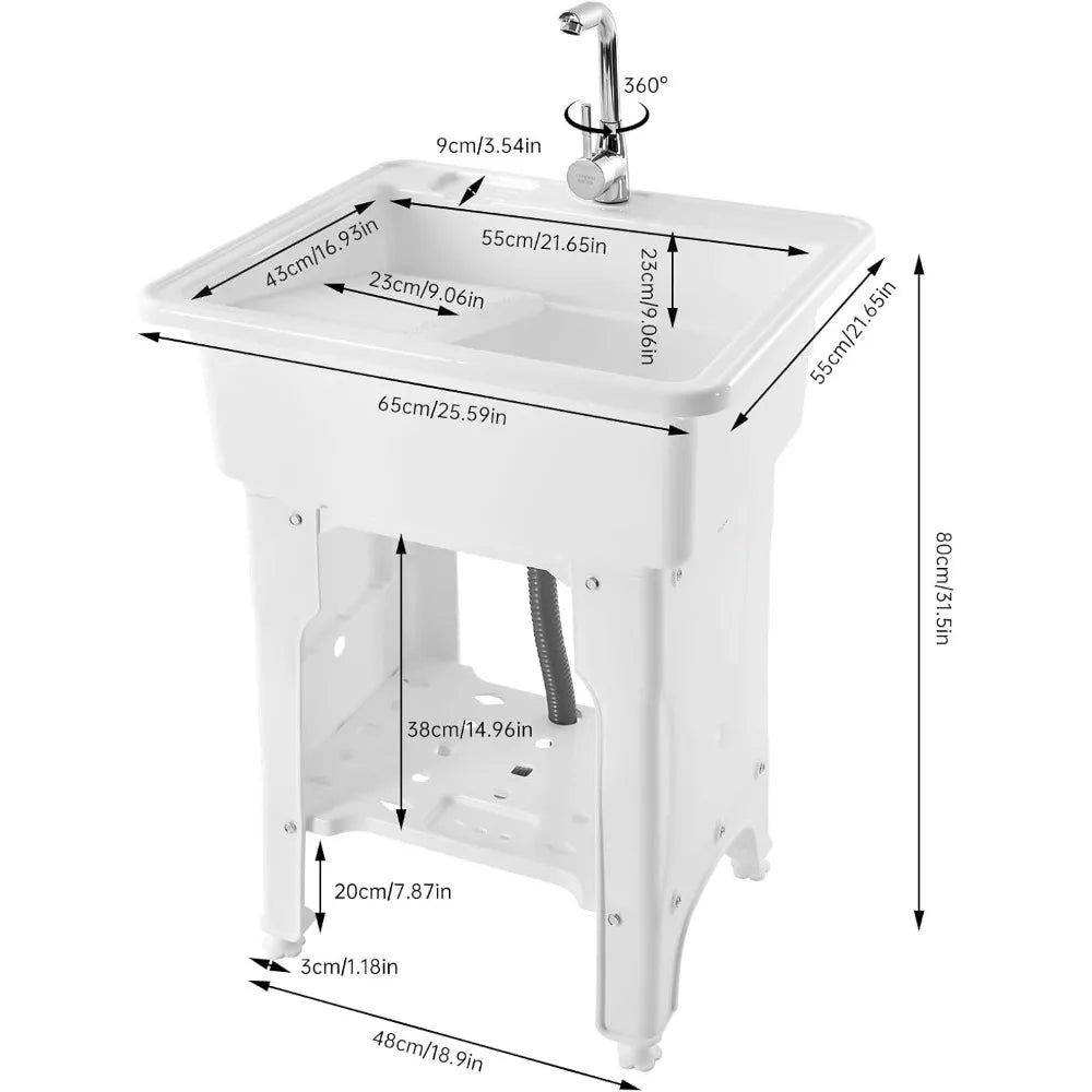 Freestanding Plastic Laundry Sink with Cold & Hot Water Faucet Indoor Outdoor Utility Sink with Washboard Hoses and Drain Kit