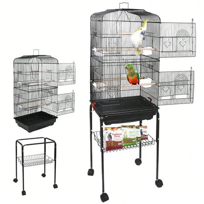 59''H Rolling  Bird Cage Cockatiel Parakeet Finch Canary Home with Stand & Tray