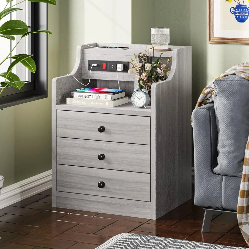 Nightstand with Charging Station,  with Hutch & Storage Drawers