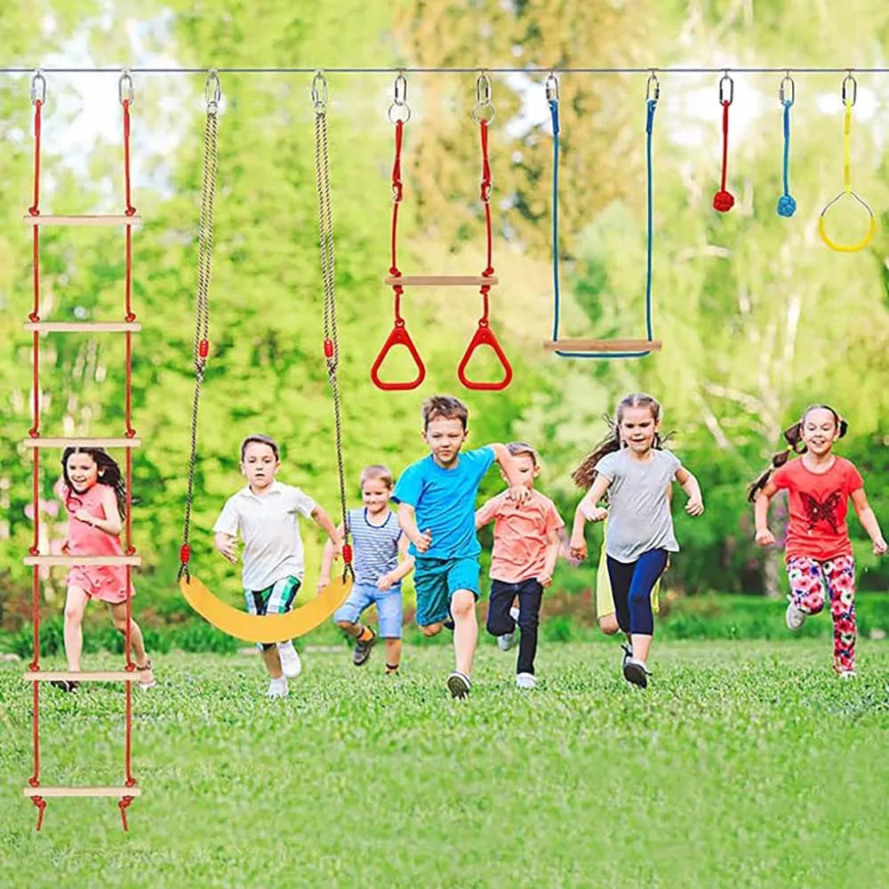 Warrior Obstacle Course For Kids And Adults - 65FT Slackline With Tree Climbing Rock Holds, Swing Seat, Monkey Bars, Ring Wheel,