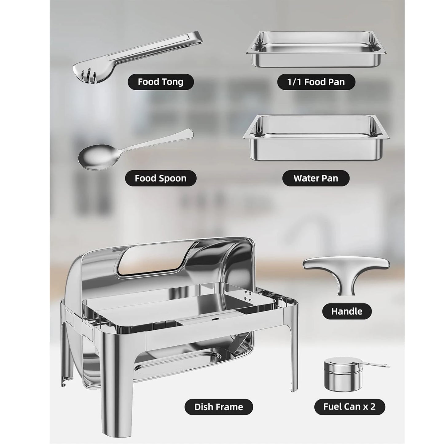 Chafing Dish 9QT Stainless Steel Roll Top Chafer Visible Buffet Server for Resturant Party Commercial Dish Buffet-Full Size Pan