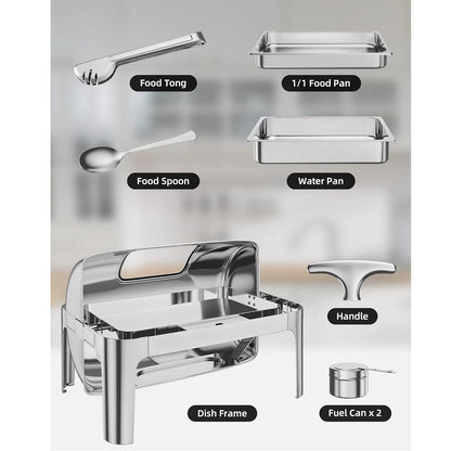 Chafing Dish 9QT Stainless Steel Roll Top Chafer Visible Buffet Server for Resturant Party Commercial Dish Buffet-Full Size Pan