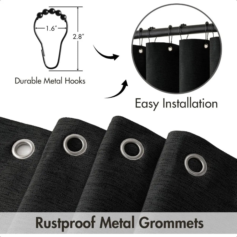 84 Long Scalloped Shower Curtain Linen Textured with 12 Metal Hooks Cute Extra Long Heavy Duty Washable Waterproof Cloth Hallow