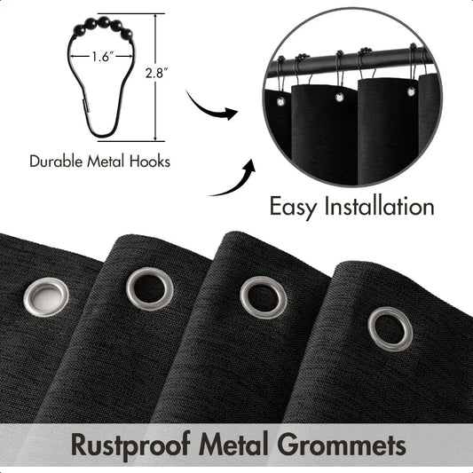 84 Long Scalloped Shower Curtain Linen Textured with 12 Metal Hooks Cute Extra Long Heavy Duty Washable Waterproof Cloth Hallow