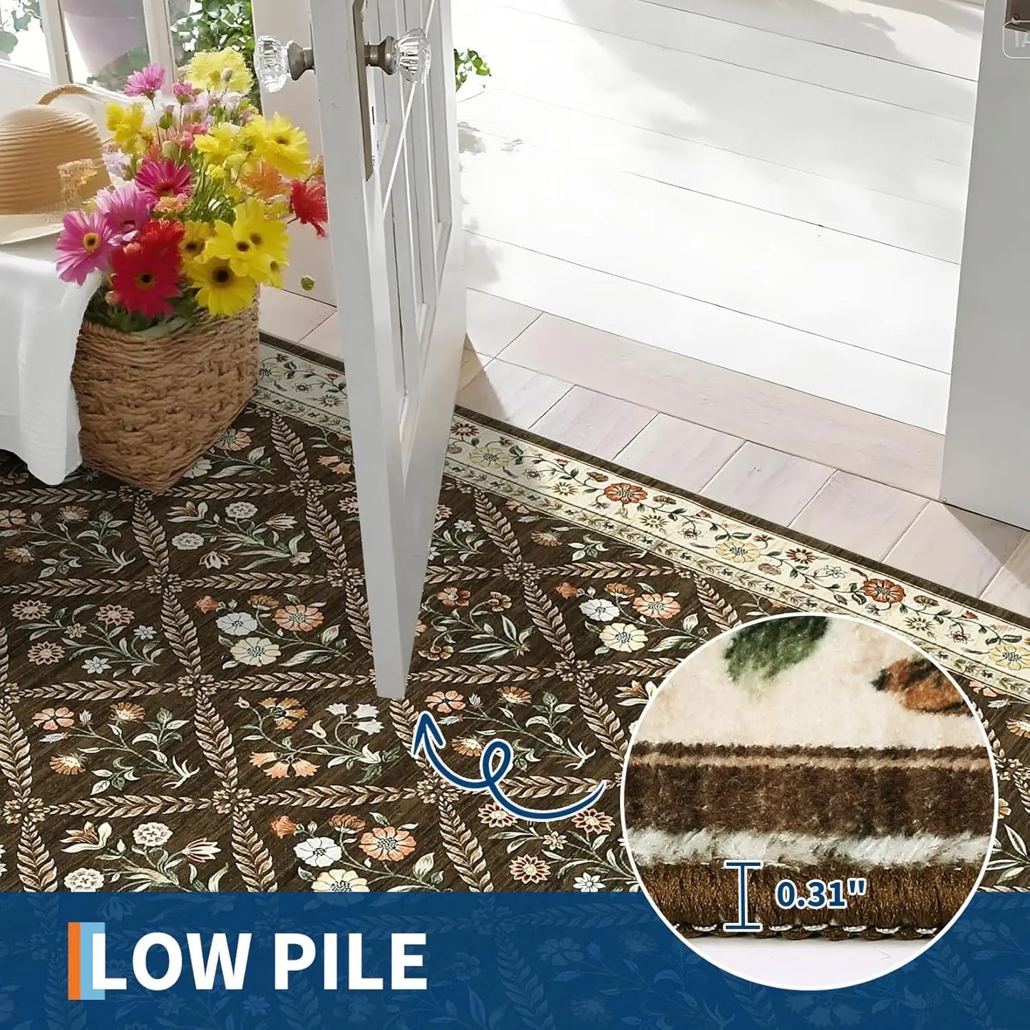 Vintage Washable Area Rugs for Living Room Soft Low-Pile Non-Slip Carpet  for Bedroom Dining Room Home Office