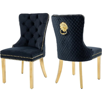 Velvet Dining Chairs Set of 2,  Dining Room Chairs with Gold Metal Legs and Lion Head Pull Ring