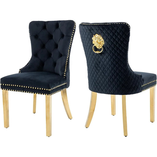 Velvet Dining Chairs Set of 2,  Dining Room Chairs with Gold Metal Legs and Lion Head Pull Ring