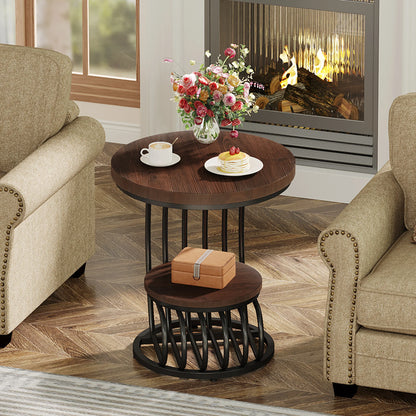 Gold Round End Table: 2 Tiers Faux Marble Side Table with Storage Shelf, Modern White Gold Bedside Nightstand