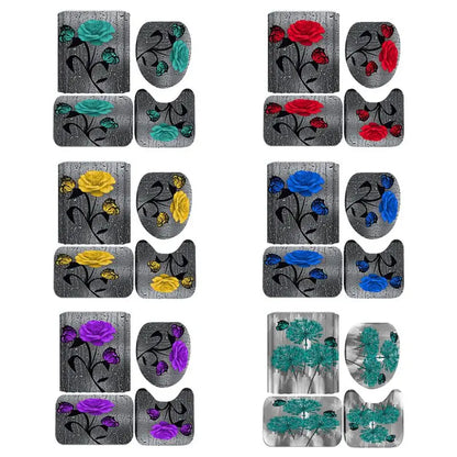 4pcs Set Doormat Shower Curtain with Non-Slip Rugs Toilet Seat Cover Bath Carpet Durable Waterproof